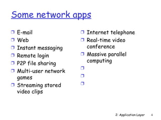 Some network apps
Ì E-mail               Ì Internet telephone
Ì Web                  Ì Real-time video
Ì Instant messaging      conference
Ì Remote login         Ì Massive parallel
Ì P2P file sharing       computing
                       Ì
Ì Multi-user network
  games                Ì

Ì Streaming stored     Ì
  video clips



                                    2: Application Layer   4
 