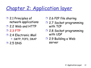 Chapter 2: Application layer
Ì 2.1 Principles of       Ì 2.6 P2P file sharing
  network applications    Ì 2.7 Socket programming
Ì 2.2 Web and HTTP          with TCP
Ì 2.3 FTP                 Ì 2.8 Socket programming
Ì 2.4 Electronic Mail       with UDP
      SMTP, POP3, IMAP   Ì 2.9 Building a Web
Ì 2.5 DNS                   server




                                        2: Application Layer   45
 