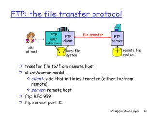 FTP: the file transfer protocol

                  FTP                   file transfer
                          FTP                            FTP
                  user   client                         server
               interface
      user
     at host               local file                            remote file
                           system                                system


  Ì transfer file to/from remote host
  Ì client/server model
      client: side that initiates transfer (either to/from
       remote)
      server: remote host
  Ì ftp: RFC 959
  Ì ftp server: port 21

                                                        2: Application Layer   46
 
