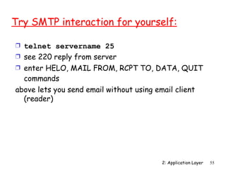 Try SMTP interaction for yourself:

Ì telnet servername 25
Ì see 220 reply from server
Ì enter HELO, MAIL FROM, RCPT TO, DATA, QUIT
  commands
above lets you send email without using email client
  (reader)




                                          2: Application Layer   55
 