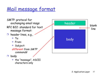 Mail message format

SMTP: protocol for
  exchanging email msgs       header
                                                        blank
RFC 822: standard for text
                                                         line
  message format:
Ì header lines, e.g.,
     To:                     body
    From:
    Subject:

   different from SMTP
      commands!
Ì body
      the “message”, ASCII
       characters only


                                 2: Application Layer     57
 