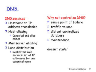 DNS
DNS services                 Why not centralize DNS?
Ì Hostname to IP             Ì single point of failure
  address translation        Ì traffic volume
Ì Host aliasing              Ì distant centralized
      Canonical and alias     database
       names                 Ì maintenance
Ì Mail server aliasing
Ì Load distribution
                             doesn’t scale!
    Replicated Web
     servers: set of IP
     addresses for one
     canonical name

                                              2: Application Layer   64
 