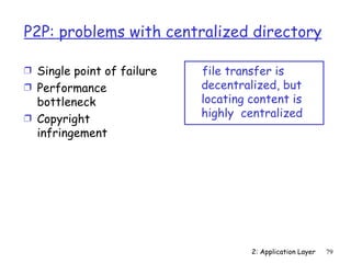 P2P: problems with centralized directory

Ì Single point of failure   file transfer is
Ì Performance               decentralized, but
  bottleneck                locating content is
Ì Copyright                 highly centralized
  infringement




                                     2: Application Layer   79
 