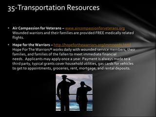 35-Transportation Resources

 Air Compassion for Veterans – www.aircompassionforveterans.org
  Wounded warriors and their families are provided FREE medically related
  flights.
 Hope for the Warriors – http://hopeforthewarriors.org/immneeds.html
  Hope For The Warriors® works daily with wounded service members, their
  families, and families of the fallen to meet immediate financial
  needs. Applicants may apply once a year. Payment is always made to a
  third party, typical grants cover household utilities, gas cards for vehicles
  to get to appointments, groceries, rent, mortgage, and rental deposits.
 