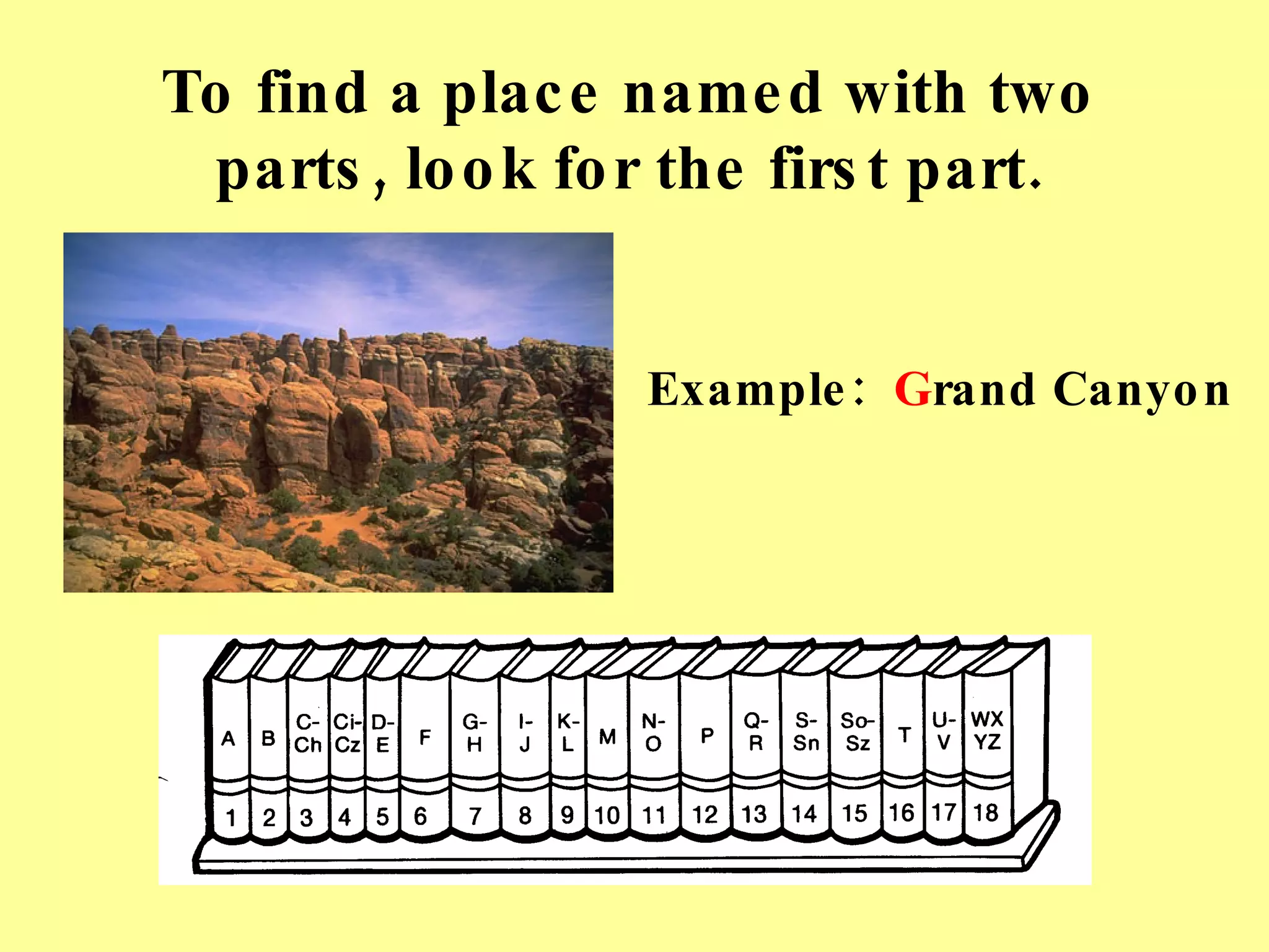 To find a place named with two parts, look for the first part. Example:   G rand Canyon 