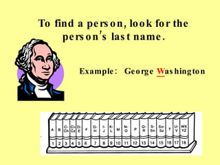 To find a person, look for the person’s last name. Example:  George  W ashington 