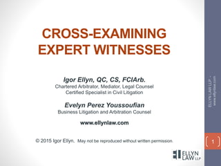 CROSS-EXAMINING
EXPERT WITNESSES
Igor Ellyn, QC, CS, FCIArb.
Chartered Arbitrator, Mediator, Legal Counsel
Certified Specialist in Civil Litigation
Evelyn Perez Youssoufian
Business Litigation and Arbitration Counsel
www.ellynlaw.com
© 2015 Igor Ellyn. May not be reproduced without written permission.
ELLYNLAWLLP-
www.ellynlaw.com
1
 