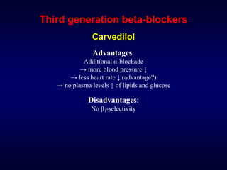 Third generation beta-blockers
Carvedilol
Advantages:
Additional α-blockade
→ more blood pressure ↓
→ less heart rate ↓ (advantage?)
→ no plasma levels ↑ of lipids and glucose
Disadvantages:
No β1-selectivity
 