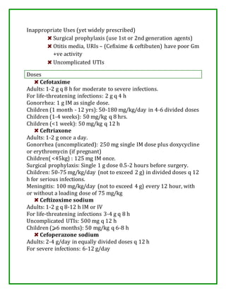 Inappropriate Uses (yet widely prescribed)
Surgical prophylaxis (use 1st or 2nd generation agents)
Otitis media, URIs – (Cefixime & ceftibuten) have poor Gm
+ve activity
Uncomplicated UTIs
Doses
Cefotaxime
Adults: 1-2 g q 8 h for moderate to severe infections.
For life-threatening infections: 2 g q 4 h
Gonorrhea: 1 g IM as single dose.
Children (1 month - 12 yrs): 50-180 mg/kg/day in 4-6 divided doses
Children (1-4 weeks): 50 mg/kg q 8 hrs.
Children (<1 week): 50 mg/kg q 12 h
Ceftriaxone
Adults: 1-2 g once a day.
Gonorrhea (uncomplicated): 250 mg single IM dose plus doxycycline
or erythromycin (if pregnant)
Children( <45kg) : 125 mg IM once.
Surgical prophylaxis: Single 1 g dose 0.5-2 hours before surgery.
Children: 50-75 mg/kg/day (not to exceed 2 g) in divided doses q 12
h for serious infections.
Meningitis: 100 mg/kg/day (not to exceed 4 g) every 12 hour, with
or without a loading dose of 75 mg/kg
Ceftizoxime sodium
Adults: 1-2 g q 8-12 h IM or IV
For life-threatening infections 3-4 g q 8 h
Uncomplicated UTIs: 500 mg q 12 h
Children (⩾6 months): 50 mg/kg q 6-8 h
Cefoperazone sodium
Adults: 2-4 g/day in equally divided doses q 12 h
For severe infections: 6-12 g/day
 