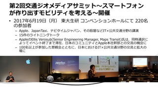 第2回交通ジオメディアサミット〜スマートフォン
が作り出すモビリティを考える〜開催
• 2017年6月19日（月） 東大生研 コンベンションホールにて 220名
の参加者
– Apple、JapanTaxi、ナビタイムジャパン、その筋屋などIT×公共交通分野の講演
– 15件のライトニングトーク
– AppleのEllis Verosub(Senior Engineering Manager, Maps Transit)氏は、同時通訳に
よってイベント終了まで滞在、日本のコミュニティとApple本社幹部との交流の機会に
– 100名以上が参加した懇親会とともに、日本におけるIT×公共交通分野の交流と拡大の
場に
 