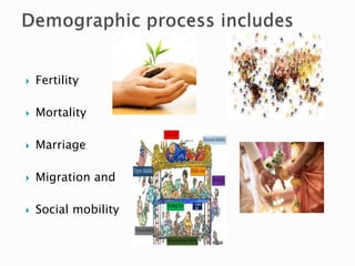  Fertility
 Mortality
 Marriage
 Migration and
 Social mobility
 