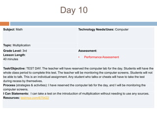 Day 10
Subject: Math Technology Needs/Uses: Computer
Topic: Multiplication
Grade Level: 3rd Assessment:
• Performance Assessment
Lesson Length:
40 minutes
Task/Objective: TEST DAY. The teacher will have reserved the computer lab for the day. Students will have the
whole class period to complete this test. The teacher will be monitoring the computer screens. Students will not
be able to talk. This is an individual assignment. Any student who talks or cheats will have to take the test
during recess by themselves.
Process (strategies & activities): I have reserved the computer lab for the day, and I will be monitoring the
computer screens.
I Can Statements: I can take a test on the introduction of multiplication without needing to use any sources.
Resources: testmoz.com/675422
 