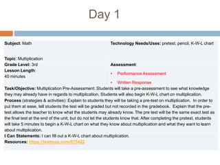 Day 1
Subject: Math Technology Needs/Uses: pretest, pencil, K-W-L chart
Topic: Multiplication
Grade Level: 3rd Assessment:
• Performance Assessment
• Written Response
Lesson Length:
40 minutes
Task/Objective: Multiplication Pre-Assessment: Students will take a pre-assessment to see what knowledge
they may already have in regards to multiplication. Students will also begin K-W-L chart on multiplication.
Process (strategies & activities): Explain to students they will be taking a pre-test on multiplication. In order to
put them at ease, tell students the test will be graded but not recorded in the gradebook. Explain that the pre-
test allows the teacher to know what the students may already know. The pre test will be the same exact test as
the final test at the end of the unit, but do not let the students know that. After completing the pretest, students
will take 5 minutes to begin a K-W-L chart on what they know about multiplication and what they want to learn
about multiplication.
I Can Statements: I can fill out a K-W-L chart about multiplication.
Resources: https://testmoz.com/675422
 