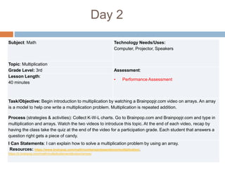 Day 2
Subject: Math Technology Needs/Uses:
Computer, Projector, Speakers
Topic: Multiplication
Grade Level: 3rd Assessment:
• Performance Assessment
Lesson Length:
40 minutes
Task/Objective: Begin introduction to multiplication by watching a Brainpopjr.com video on arrays. An array
is a model to help one write a multiplication problem. Multiplication is repeated addition.
Process (strategies & activities): Collect K-W-L charts. Go to Brainpop.com and Brainpopjr.com and type in
multiplication and arrays. Watch the two videos to introduce this topic. At the end of each video, recap by
having the class take the quiz at the end of the video for a participation grade. Each student that answers a
question right gets a piece of candy.
I Can Statements: I can explain how to solve a multiplication problem by using an array.
Resources: https://www.brainpop.com/math/numbersandoperations/multiplication/,
https://jr.brainpop.com/math/multiplicationanddivision/arrays/
 