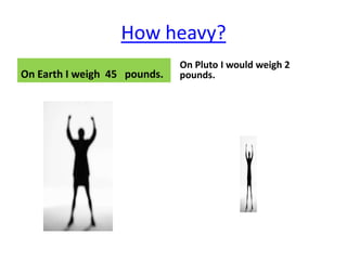 How heavy?
                              On Pluto I would weigh 2
On Earth I weigh 45 pounds.   pounds.
 