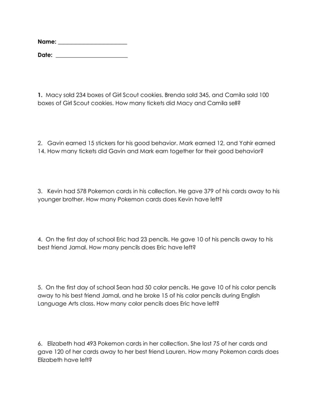 3rd grade word problems independent work | PDF