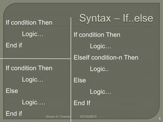 If condition Then
Logic…
End if
If condition Then
Logic…
Else
Logic….
End if
If condition Then
Logic…
ElseIf condition-n Then
Logic..
Else
Logic…
End If
4
Shyam N. Chawda 9374928879
 