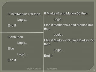 If TotalMarks>150 then
Logic..
End if
If a=b then
Logic..
Else
Logic..
End if
If Marks>0 and Marks<50 then
Logic..
Else if Marks>=50 and Marks<100
then
Logic..
Else if Marks>=100 and Marks<150
then
Logic..
End if
5
Shyam N. Chawda 9374928879
 