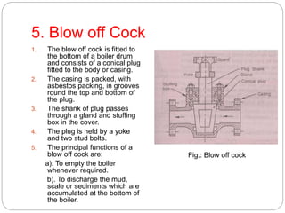 5. Blow off Cock
1. The blow off cock is fitted to
the bottom of a boiler drum
and consists of a conical plug
fitted to the body or casing.
2. The casing is packed, with
asbestos packing, in grooves
round the top and bottom of
the plug.
3. The shank of plug passes
through a gland and stuffing
box in the cover.
4. The plug is held by a yoke
and two stud bolts.
5. The principal functions of a
blow off cock are:
a). To empty the boiler
whenever required.
b). To discharge the mud,
scale or sediments which are
accumulated at the bottom of
the boiler.
Fig.: Blow off cock
 