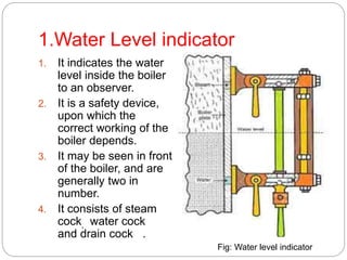 1.Water Level indicator
1. It indicates the water
level inside the boiler
to an observer.
2. It is a safety device,
upon which the
correct working of the
boiler depends.
3. It may be seen in front
of the boiler, and are
generally two in
number.
4. It consists of steam
cock, water cock
and drain cock .
Fig: Water level indicator
 