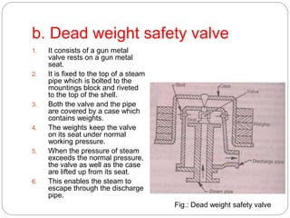b. Dead weight safety valve
1. It consists of a gun metal
valve rests on a gun metal
seat.
2. It is fixed to the top of a steam
pipe which is bolted to the
mountings block and riveted
to the top of the shell.
3. Both the valve and the pipe
are covered by a case which
contains weights.
4. The weights keep the valve
on its seat under normal
working pressure.
5. When the pressure of steam
exceeds the normal pressure,
the valve as well as the case
are lifted up from its seat.
6. This enables the steam to
escape through the discharge
pipe.
Fig.: Dead weight safety valve
 