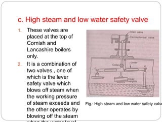 c. High steam and low water safety valve
1. These valves are
placed at the top of
Cornish and
Lancashire boilers
only.
2. It is a combination of
two valves , one of
which is the lever
safety valve which
blows off steam when
the working pressure
of steam exceeds and
the other operates by
blowing off the steam
Fig.: High steam and low water safety valve
 