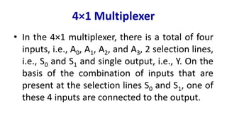 4×1 Multiplexer
• In the 4×1 multiplexer, there is a total of four
inputs, i.e., A0, A1, A2, and A3, 2 selection lines,
i.e., S0 and S1 and single output, i.e., Y. On the
basis of the combination of inputs that are
present at the selection lines S0 and S1, one of
these 4 inputs are connected to the output.
 