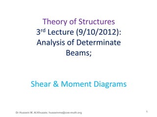Theory of Structures
3rd Lecture (9/10/2012):
Analysis of Determinate
Beams;
Shear & Moment Diagrams
Dr Hussein M. Al.Khuzaie; husseinma@coe-muth.org 1
 