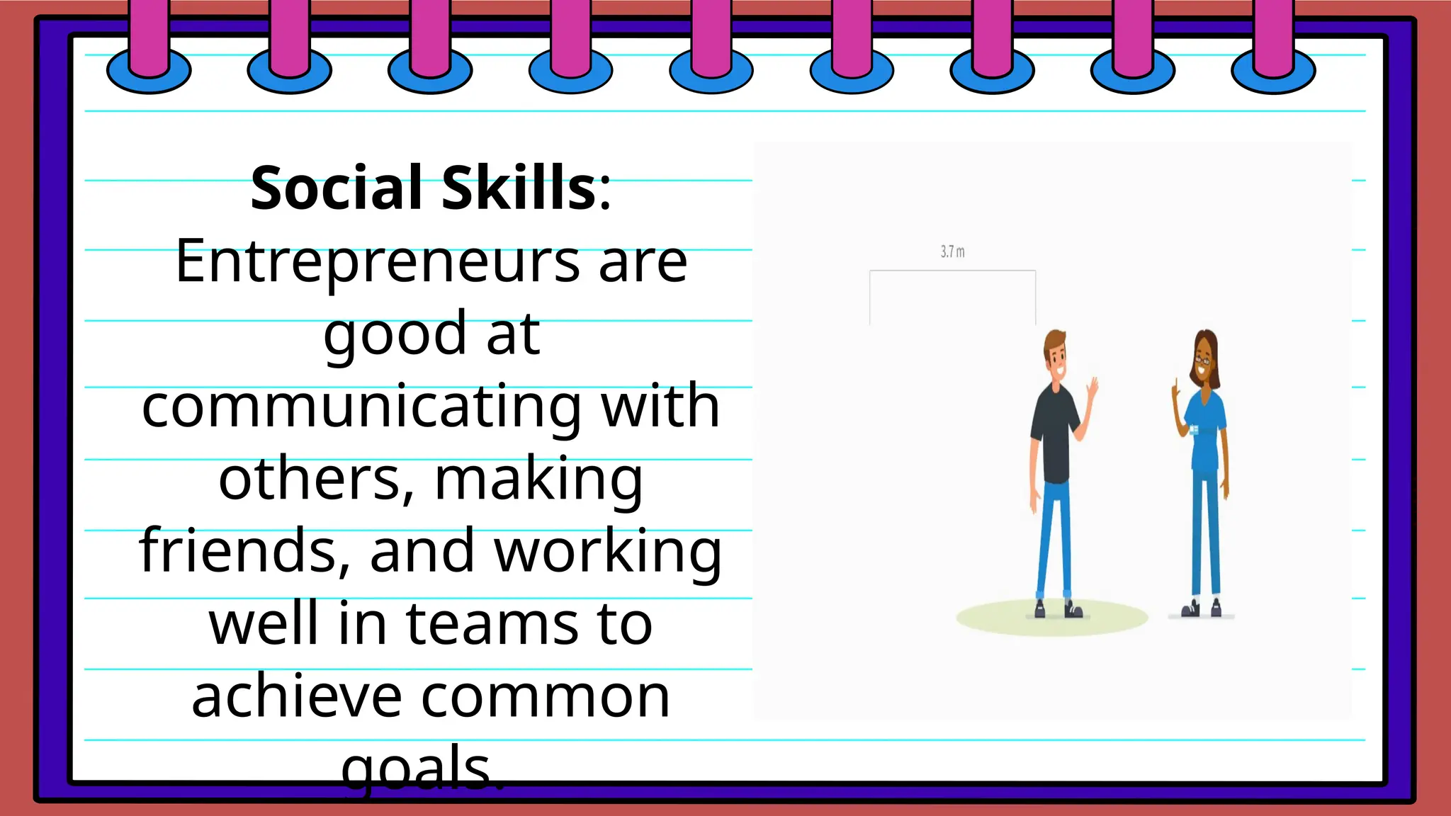 Social Skills:
Entrepreneurs are
good at
communicating with
others, making
friends, and working
well in teams to
achieve common
goals.
 