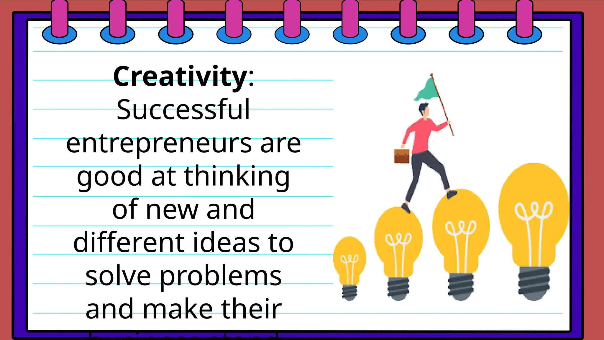 Creativity:
Successful
entrepreneurs are
good at thinking
of new and
different ideas to
solve problems
and make their
 