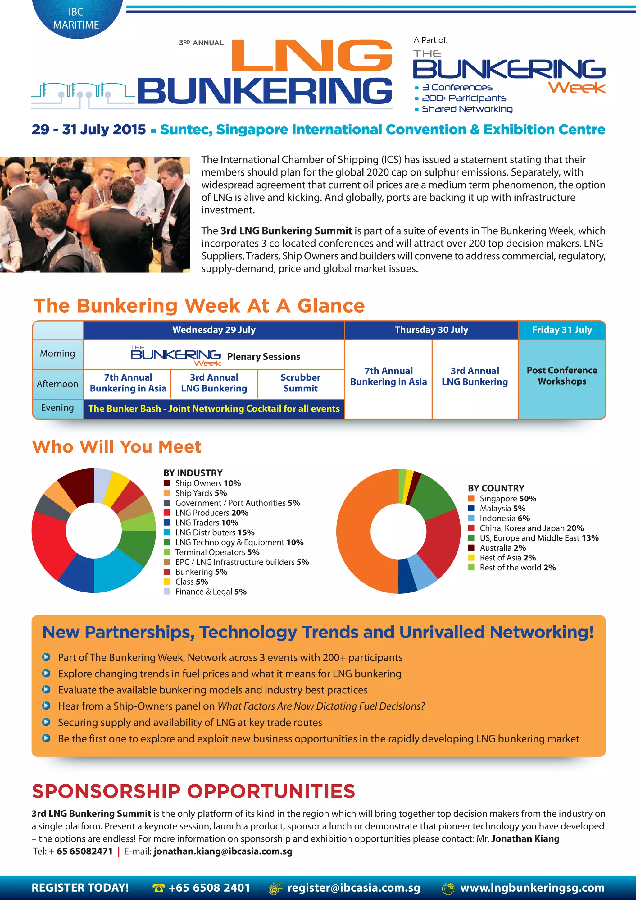 Morning
Afternoon
Evening
The Bunkering Week At A Glance
Wednesday 29 July Thursday 30 July Friday 31 July
Plenary Sessions
Post Conference
Workshops
The Bunker Bash - Joint Networking Cocktail for all events
7th Annual
Bunkering in Asia
3rd Annual
LNG Bunkering7th Annual
Bunkering in Asia
3rd Annual
LNG Bunkering
Scrubber
Summit
REGISTER TODAY! +65 6508 2401 register@ibcasia.com.sg www.lngbunkeringsg.com
The International Chamber of Shipping (ICS) has issued a statement stating that their
members should plan for the global 2020 cap on sulphur emissions. Separately, with
widespread agreement that current oil prices are a medium term phenomenon, the option
of LNG is alive and kicking. And globally, ports are backing it up with infrastructure
investment.
The 3rd LNG Bunkering Summit is part of a suite of events in The Bunkering Week, which
incorporates 3 co located conferences and will attract over 200 top decision makers. LNG
Suppliers,Traders, Ship Owners and builders will convene to address commercial, regulatory,
supply-demand, price and global market issues.
SPONSORSHIP OPPORTUNITIES
3rd LNG Bunkering Summit is the only platform of its kind in the region which will bring together top decision makers from the industry on
a single platform. Present a keynote session, launch a product, sponsor a lunch or demonstrate that pioneer technology you have developed
– the options are endless! For more information on sponsorship and exhibition opportunities please contact: Mr. Jonathan Kiang
Tel: + 65 65082471 | E-mail: jonathan.kiang@ibcasia.com.sg
Who Will You Meet
BY INDUSTRY
■ Ship Owners 10%
■ Ship Yards 5%
■ Government / Port Authorities 5%
■ LNG Producers 20%
■ LNG Traders 10%
■ LNG Distributers 15%
■ LNG Technology & Equipment 10%
■ Terminal Operators 5%
■ EPC / LNG Infrastructure builders 5%
■ Bunkering 5%
■ Class 5%
■ Finance & Legal 5%
BY COUNTRY
■ Singapore 50%
■ Malaysia 5%
■ Indonesia 6%
■ China, Korea and Japan 20%
■ US, Europe and Middle East 13%
■ Australia 2%
■ Rest of Asia 2%
■ Rest of the world 2%
IBC
MARITIME
29 - 31 July 2015 • Suntec, Singapore International Convention & Exhibition Centre
• 3 Conferences
• 200+ Participants
• Shared Networking
A Part of:
LNG
BUNKERING
3RD ANNUAL
New Partnerships, Technology Trends and Unrivalled Networking!
Part of The Bunkering Week, Network across 3 events with 200+ participants
Explore changing trends in fuel prices and what it means for LNG bunkering
Evaluate the available bunkering models and industry best practices
Hear from a Ship-Owners panel on What Factors Are Now Dictating Fuel Decisions?
Securing supply and availability of LNG at key trade routes
Be the first one to explore and exploit new business opportunities in the rapidly developing LNG bunkering market
 