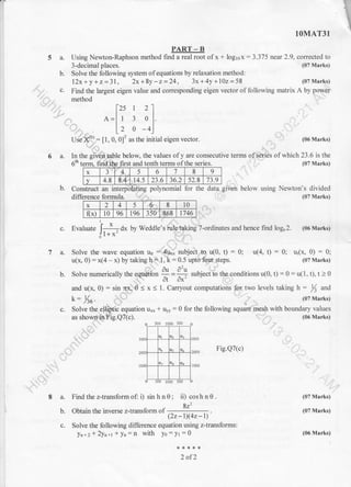 5a.
b.
1OMAT31
PART-B
Using Newton-Raphson method find a real root of x + logrox - 3.375 near 2.9, corrected to
3-decimal places. (07 Marks)
Solve the following system ofequations by relaxation method:
l2x+y+z=31, 2x+8y-z=24, 3x+4y+102=58
Find the largest eigen value and corresponding eigen vector of following matrix A by power
method
(06 Marks)
(07 Marks)
lzs t 21
a=l r 3 ol.
l, o -4]
Usex(q : [1, 0, 0]r as the initial eigen vector.
6 a. ln the gi€n table below, the values ofy are consecutive terms ofseries ofwhich 23.6 is the
and tenth terms ofthe series.
x 3' 4 5 6 7 8 9
v 4.8 8,4 14.5 23.6 36.2 52.8 73.9
an interpolating polynomial for the data
6'h (07 Marks)
given below using Newton's divided
(07 Marks)
Construct
c.
7a.
b.
c.
I
Evaluate [-j , A* by Weddle's rule taking 7-ordinates and hence find log.2. (06 Marks)
jl+x'
''.
Solve the wave equation un = 4irxi subject-,to u(0, t) : 0; u(4, t) : 0; u(x, 0) : 0;
u(x, 0) : x(4 - x) by takingfri 1, k : 0.5 upto four steps. (07 Marks)
du, d-l.I.
Solve numerically the equiitibn
=
=- subject to the conditions u(0, t) = 0 = u(1, t), t > 0
dt dx'
and u(x, 0): sin nx,0 < x < 1. Carryout computations for two levels taking h: / and
k: ha . (07 Marks)
Solve the ell'iirtic equation u** * uyy = 0 for the following square mesh with boundary values
as shown'in fig.Q7(c). (06 Marks)
Fig.Q7(c)
8a.
b.
Find the z-transform of i) sinhn0; ii) coshn0.
obtain the inverse z-transfo.. of 8"
(22-t)(42-1)
Solve the following difference equation using z-transforms:
!n+zl2!n+t +yn:n with Yo:Yl :0
2 of2
(07 Marks)
(07 Marks)
(06 Marks)
 