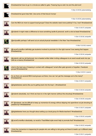 #mediaedchat have to go in a minute as called to gate. Freezing fog so wish me and the pilot luck!


                                                                                    11-Dec-12 20:38 | petesmediablog


#mediaedchat good idea Neil. Use some of that biscuit money!


                                                                                    11-Dec-12 20:38 | petesmediablog


Can the MEA do more to support local groups? Does the website need more publicity? If so, how? #mediaedchat


                                                                                         11-Dec-12 20:37 | andywallis


@nizlamb it might make a difference to have something tactile & personal. worth a shot at least! #mediaedchat


                                                                                         11-Dec-12 20:36 | andywallis


@andywallis perhaps I will send out an actual physical newsletter in the New Year #mediaedchat


                                                                                           11-Dec-12 20:35 | nizlamb


@LauraCurranBun definitely get students involved to promote it in the right manner' love seeing that happen
#mediaedchat
                                                                                         11-Dec-12 20:34 | andywallis


@nizlamb call me old fashioned, but a headed written letter inviting colleagues to an event would work imo (as
well as e-means) #mediaedchat
                                                                                         11-Dec-12 20:33 | andywallis


what is the best way of keeping in contact with colleagues? email often gets ignored or forgotten, Facebook
groups?#mediaedchat
                                                                                           11-Dec-12 20:31 | nizlamb


So as there are several MEA local groups out there, how can 'we' get the message out to the many?
#mediaedchat
                                                                                         11-Dec-12 20:31 | andywallis


@digitaldaisies seems like you're getting back into the loop! :) #mediaedchat


                                                                                         11-Dec-12 20:30 | andywallis


@nizlamb absolutely, but I think we have to in the right manner (without the shouting!) #mediaedchat


                                                                                         11-Dec-12 20:28 | andywallis


RT @nizlamb: can be difficult to keep up momentum & energy without slipping into spam/lone nut job shouting at
passers by? #mediaedchat
                                                                                         11-Dec-12 20:27 | andywallis


@digitaldaisies have you thought about setting up a local group for Media teachers? #mediaedchat


                                                                                         11-Dec-12 20:25 | andywallis


@LauraCurranBun absolutely, so would a TeachMeet style event help to promote that? #mediaedchat


                                                                                         11-Dec-12 20:22 | andywallis


I think the momentum is happening for people who are willing to risk going out there & meetin up in different area
#mediaedchat
                                                                                         11-Dec-12 20:21 | andywallis
 