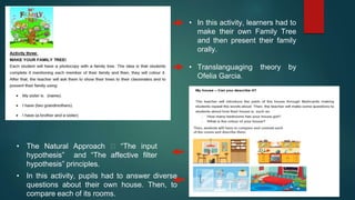 • In this activity, learners had to
make their own Family Tree
and then present their family
orally.
• Translanguaging theory by
Ofelia Garcia.
• In this activity, pupils had to answer diverse
questions about their own house. Then, to
compare each of its rooms.
• The Natural Approach 🡪 “The input
hypothesis” and “The affective filter
hypothesis” principles.
 
