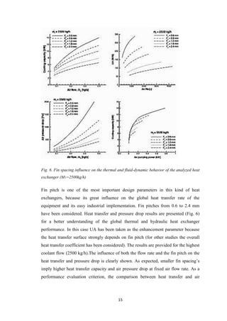 15
Fig. 6. Fin spacing influence on the thermal and fluid-dynamic behavior of the analyzed heat
exchanger (M1=2500kg/h)
Fin pitch is one of the most important design parameters in this kind of heat
exchangers, because its great influence on the global heat transfer rate of the
equipment and its easy industrial implementation. Fin pitches from 0.6 to 2.4 mm
have been considered. Heat transfer and pressure drop results are presented (Fig. 6)
for a better understanding of the global thermal and hydraulic heat exchanger
performance. In this case UA has been taken as the enhancement parameter because
the heat transfer surface strongly depends on fin pitch (for other studies the overall
heat transfer coefficient has been considered). The results are provided for the highest
coolant flow (2500 kg/h).The influence of both the flow rate and the fin pitch on the
heat transfer and pressure drop is clearly shown. As expected, smaller fin spacing’s
imply higher heat transfer capacity and air pressure drop at fixed air flow rate. As a
performance evaluation criterion, the comparison between heat transfer and air
 