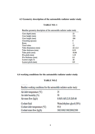 8
4.3 Geometry description of the automobile radiator under study
TABLE NO: 1
4.4 working conditions for the automobile radiator under study
TABLE NO:2
 