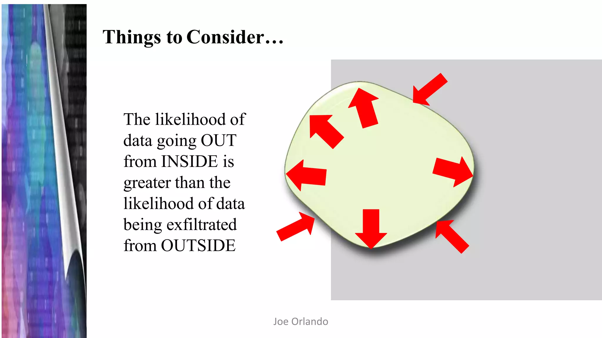 The likelihood of
data going OUT
from INSIDE is
greater than the
likelihood of data
being exfiltrated
from OUTSIDE
Things to Consider…
Joe Orlando
 