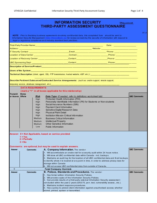 3rd party outsourcing information security assessment business assessment questionnaire