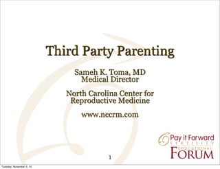 Third Party Parenting
Sameh K. Toma, MD
Medical Director
North Carolina Center for
Reproductive Medicine
www.nccrm.com

1
Tuesday, November 5, 13

 