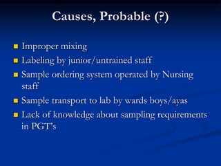Causes, Probable (?)
 Improper mixing
 Labeling by junior/untrained staff
 Sample ordering system operated by Nursing
staff
 Sample transport to lab by wards boys/ayas
 Lack of knowledge about sampling requirements
in PGT’s
 