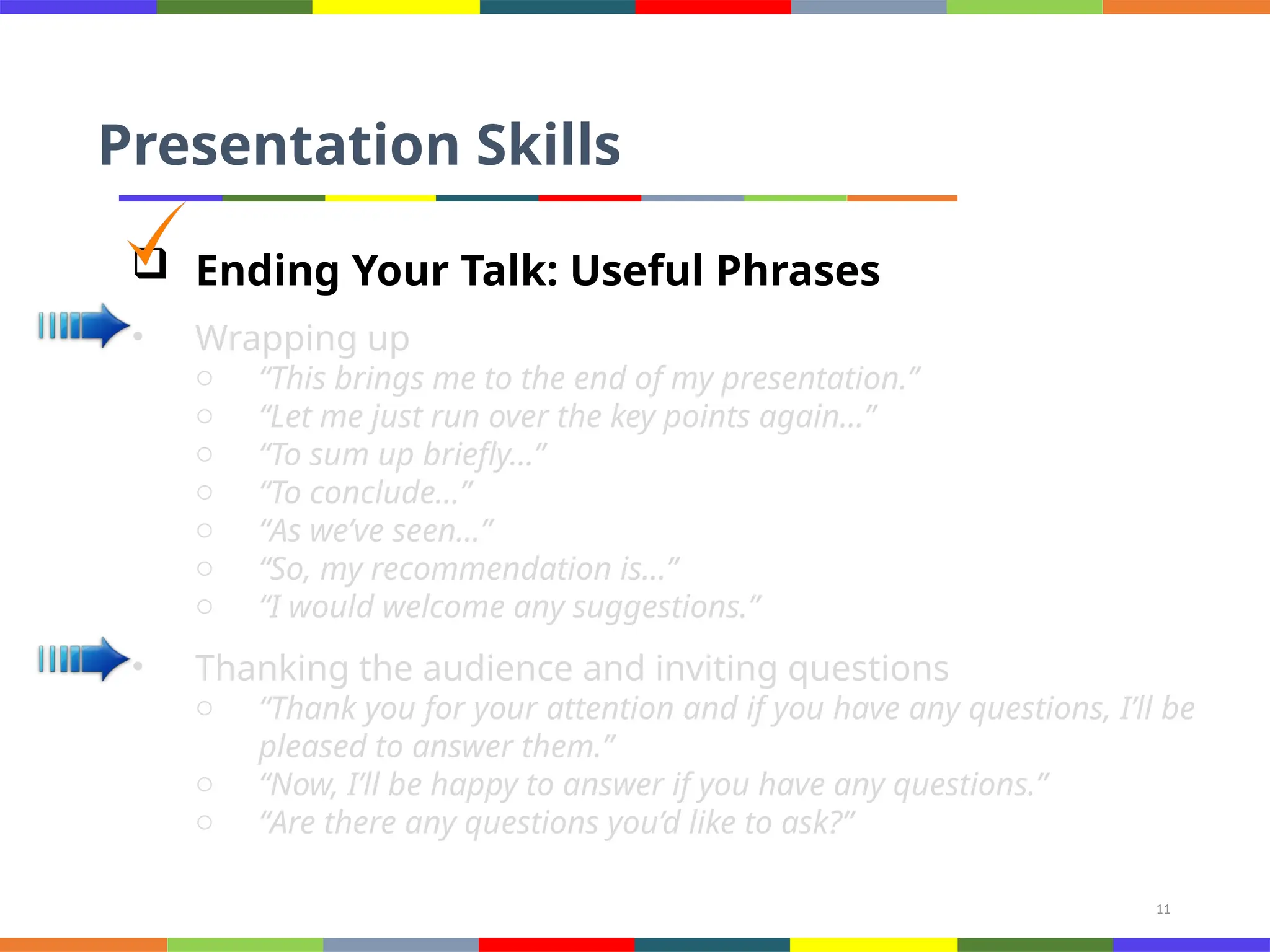 11
Presentation Skills
 Ending Your Talk: Useful Phrases
• Wrapping up
o “This brings me to the end of my presentation.”
o “Let me just run over the key points again…”
o “To sum up briefly…”
o “To conclude…”
o “As we’ve seen…”
o “So, my recommendation is…”
o “I would welcome any suggestions.”
• Thanking the audience and inviting questions
o “Thank you for your attention and if you have any questions, I’ll be
pleased to answer them.”
o “Now, I’ll be happy to answer if you have any questions.”
o “Are there any questions you’d like to ask?”
 