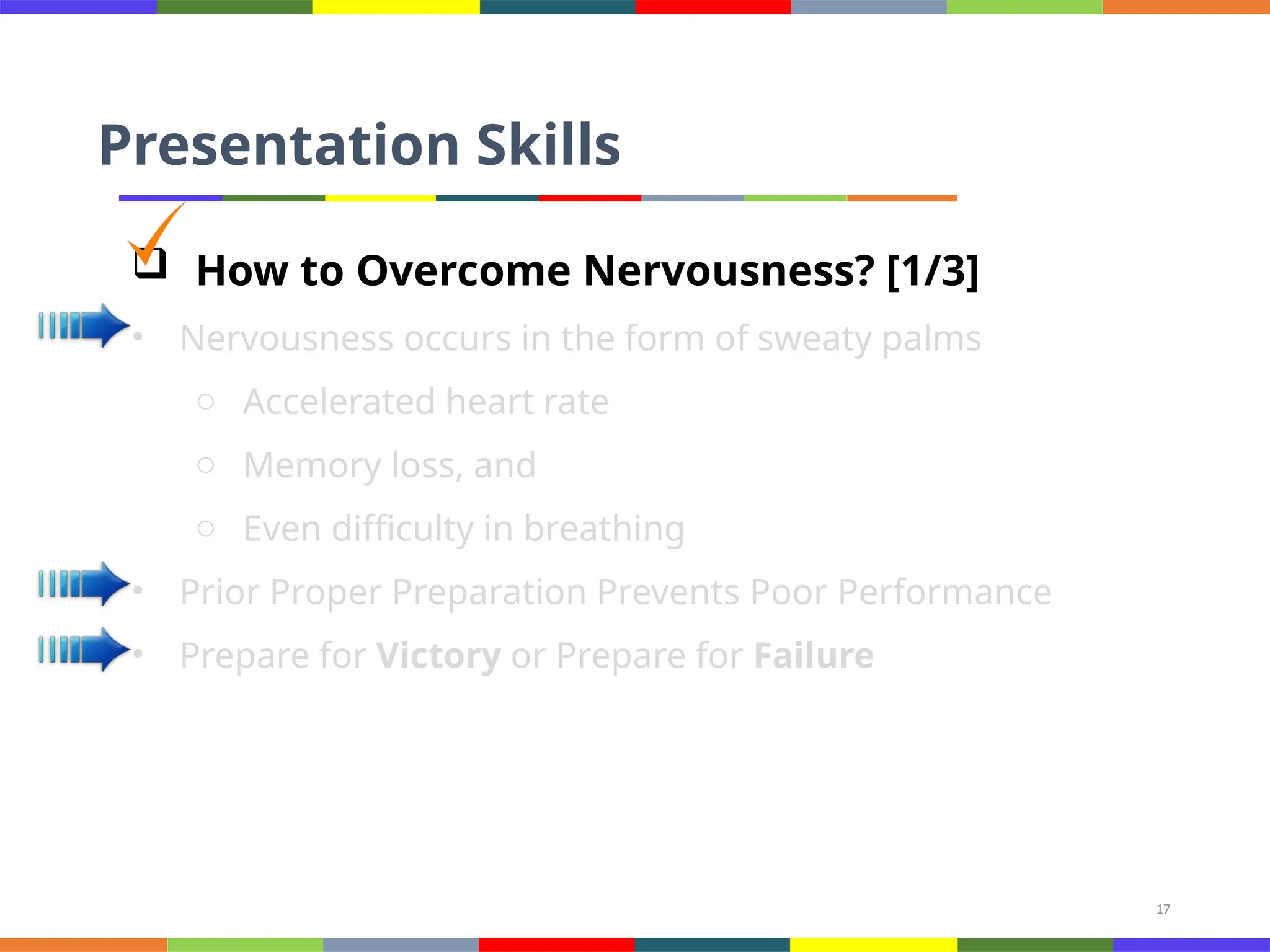 17
Presentation Skills
 How to Overcome Nervousness? [1/3]
• Nervousness occurs in the form of sweaty palms
o Accelerated heart rate
o Memory loss, and
o Even difficulty in breathing
• Prior Proper Preparation Prevents Poor Performance
• Prepare for Victory or Prepare for Failure
 