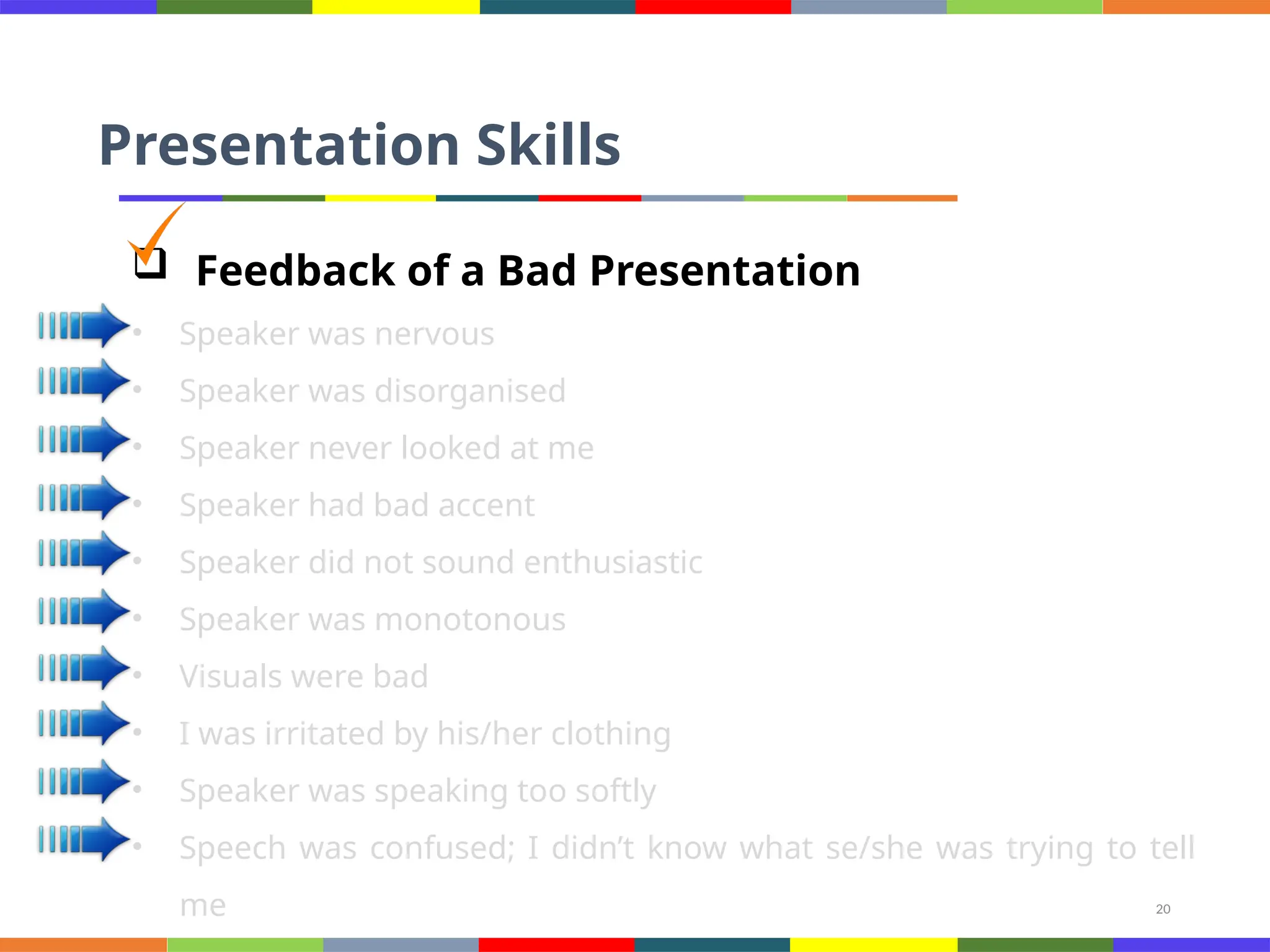 20
Presentation Skills
 Feedback of a Bad Presentation
• Speaker was nervous
• Speaker was disorganised
• Speaker never looked at me
• Speaker had bad accent
• Speaker did not sound enthusiastic
• Speaker was monotonous
• Visuals were bad
• I was irritated by his/her clothing
• Speaker was speaking too softly
• Speech was confused; I didn’t know what se/she was trying to tell
me
 