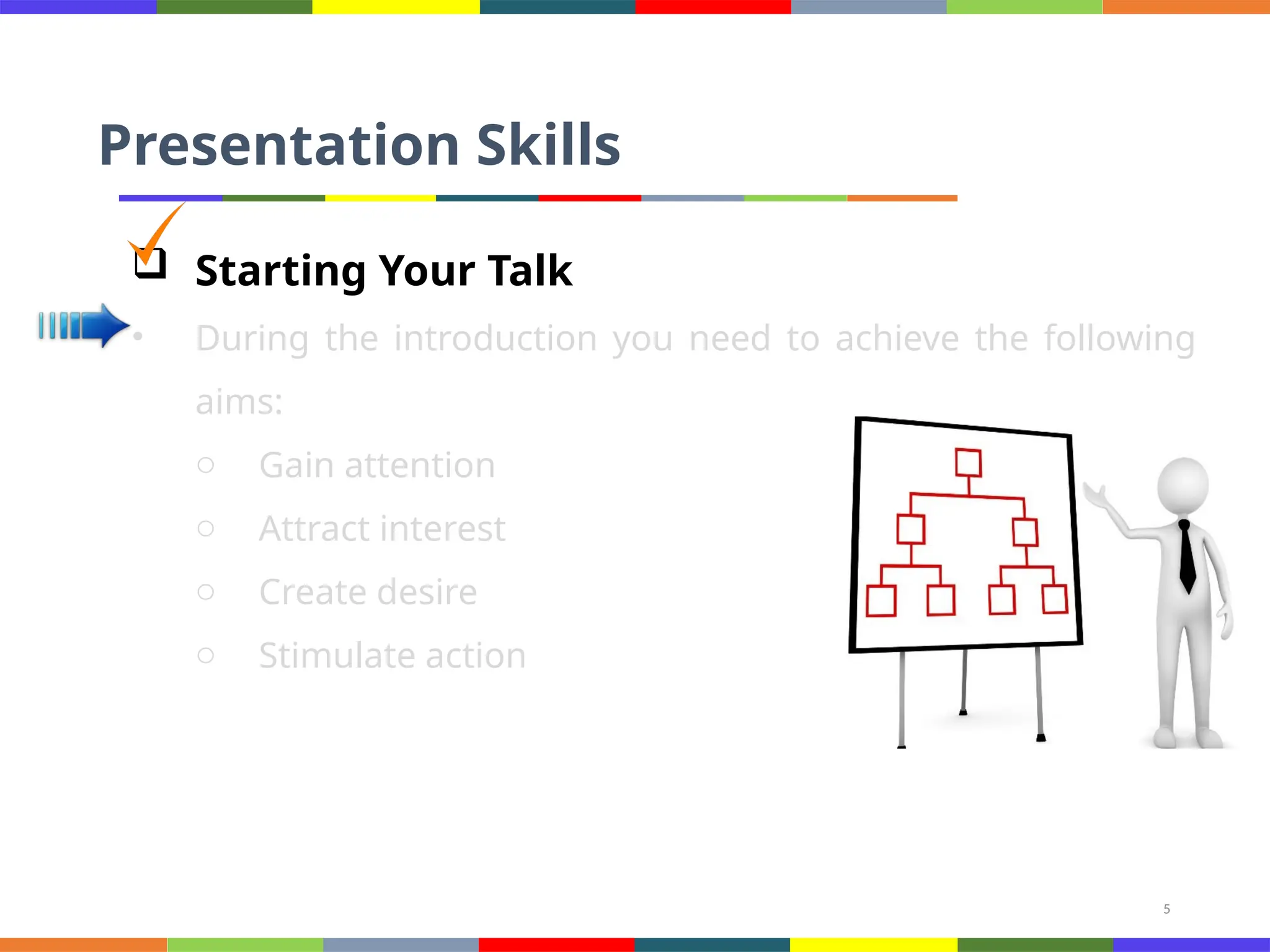 5
Presentation Skills
 Starting Your Talk
• During the introduction you need to achieve the following
aims:
o Gain attention
o Attract interest
o Create desire
o Stimulate action
 
