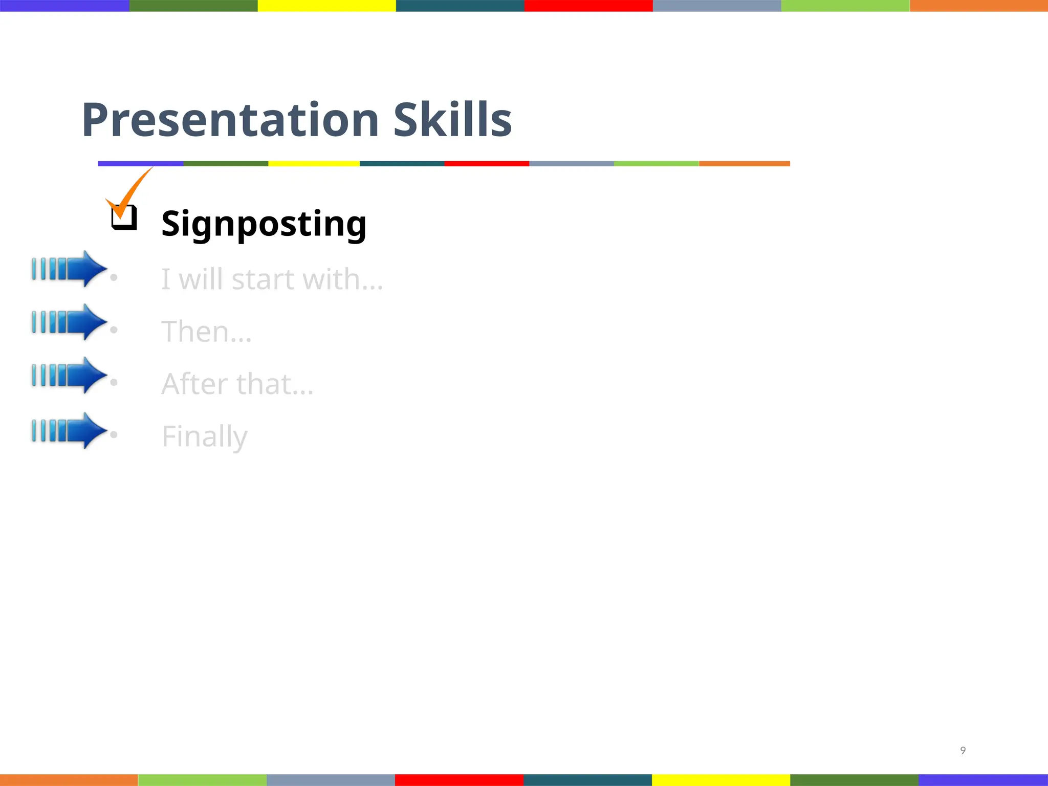 9
Presentation Skills
 Signposting
• I will start with…
• Then…
• After that…
• Finally
 