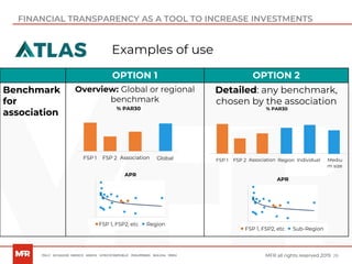 28MFR all rights reserved 2019
FINANCIAL TRANSPARENCY AS A TOOL TO INCREASE INVESTMENTS
Examples of use
OPTION 1 OPTION 2
Benchmark
for
association
Overview: Global or regional
benchmark
Detailed: any benchmark,
chosen by the association
APR
FSP 1, FSP2, etc Region
FSP 1
% PAR30
GlobalFSP 2 Association RegionFSP 1
% PAR30
IndividualFSP 2 Association Mediu
m size
APR
FSP 1, FSP2, etc Sub-Region
 