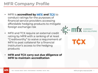 7MFR all rights reserved 2019
• MFR is accredited by MFX and TCX to
conduct ratings for the purposes of
financial service providers accessing
affordable hedging products to mitigate
foreign exchange risk
• MFX and TCX require an external credit
rating by MFR with a ranking of at least
“Creditworthy” to waive a requirement of
MFX to post collateral for a financial
institution’s access to the hedging
products
• MFR and TCX carry out due diligence of
MFR to maintain accreditation
MFR Company Profile
 