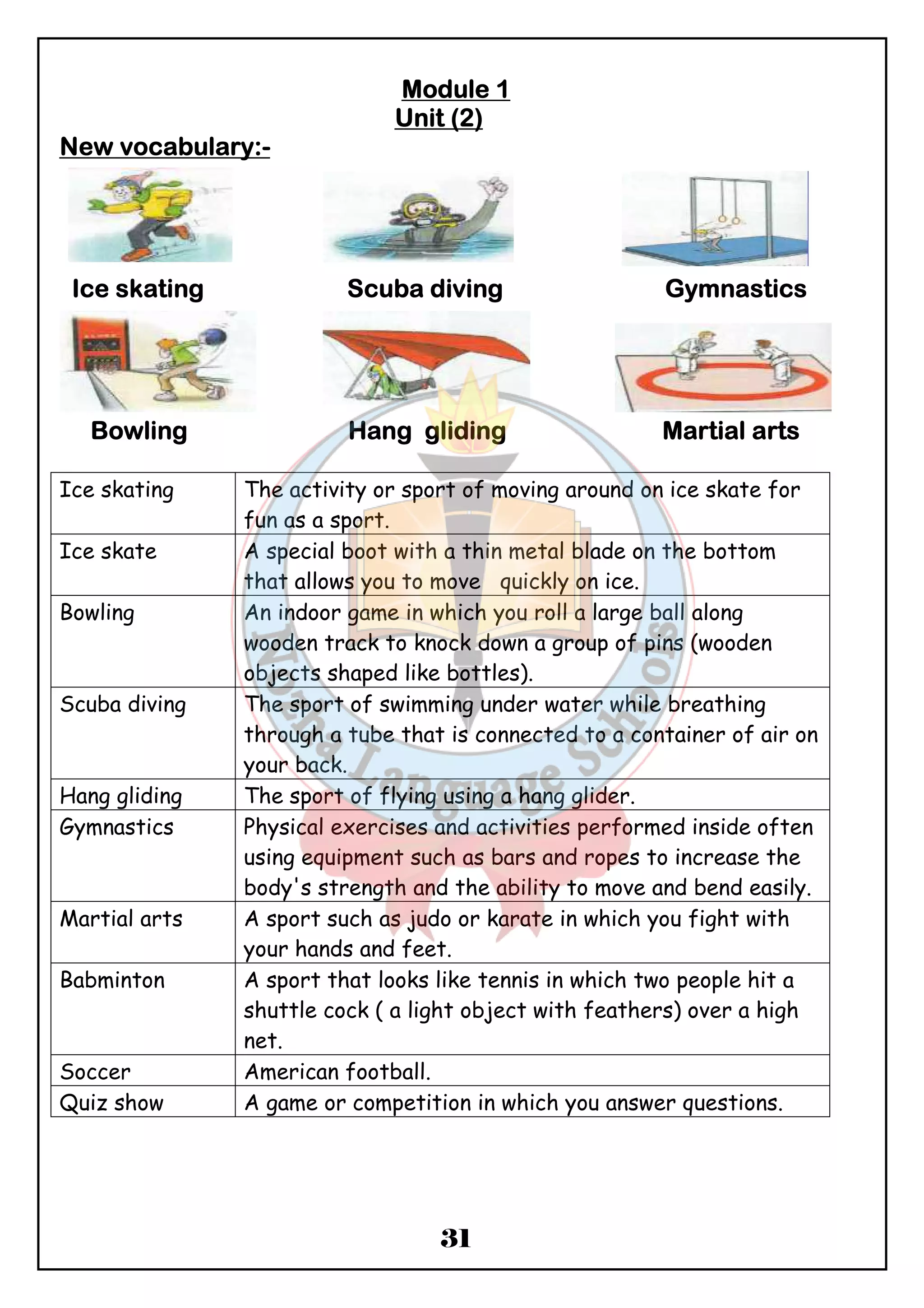 MMMMoooodddduuuulllleeee 1 
Unnnniiiitttt ((((2) 
31 
NNNNeeeewwww vvvvooooccccaaaabbbbuuuullllaaaarrrryyyy::::- 
Icccceeee sssskkkkaaaattttiiiinnnngggg Sccccuuuubbbbaaaa ddddiiiivvvviiiinnnngggg GGGGyyyymmmmnnnnaaaassssttttiiiiccccssss 
BBBBoooowwwwlllliiiinnnngggg HHHHaaaannnngggg gggglllliiiiddddiiiinnnngggg MMMMaaaarrrrttttiiiiaaaallll aaaarrrrttttssss 
Ice skating The activity or sport of moving around on ice skate for 
fun as a sport. 
Ice skate A special boot with a thin metal blade on the bottom 
that allows you to move quickly on ice. 
Bowling An indoor game in which you roll a large ball along 
wooden track to knock down a group of pins (wooden 
objects shaped like bottles). 
Scuba diving The sport of swimming under water while breathing 
through a tube that is connected to a container of air on 
your back. 
Hang gliding The sport of flying using a hang glider. 
Gymnastics Physical exercises and activities performed inside often 
using equipment such as bars and ropes to increase the 
body's strength and the ability to move and bend easily. 
Martial arts A sport such as judo or karate in which you fight with 
your hands and feet. 
Babminton A sport that looks like tennis in which two people hit a 
shuttle cock ( a light object with feathers) over a high 
net. 
Soccer American football. 
Quiz show A game or competition in which you answer questions. 
 