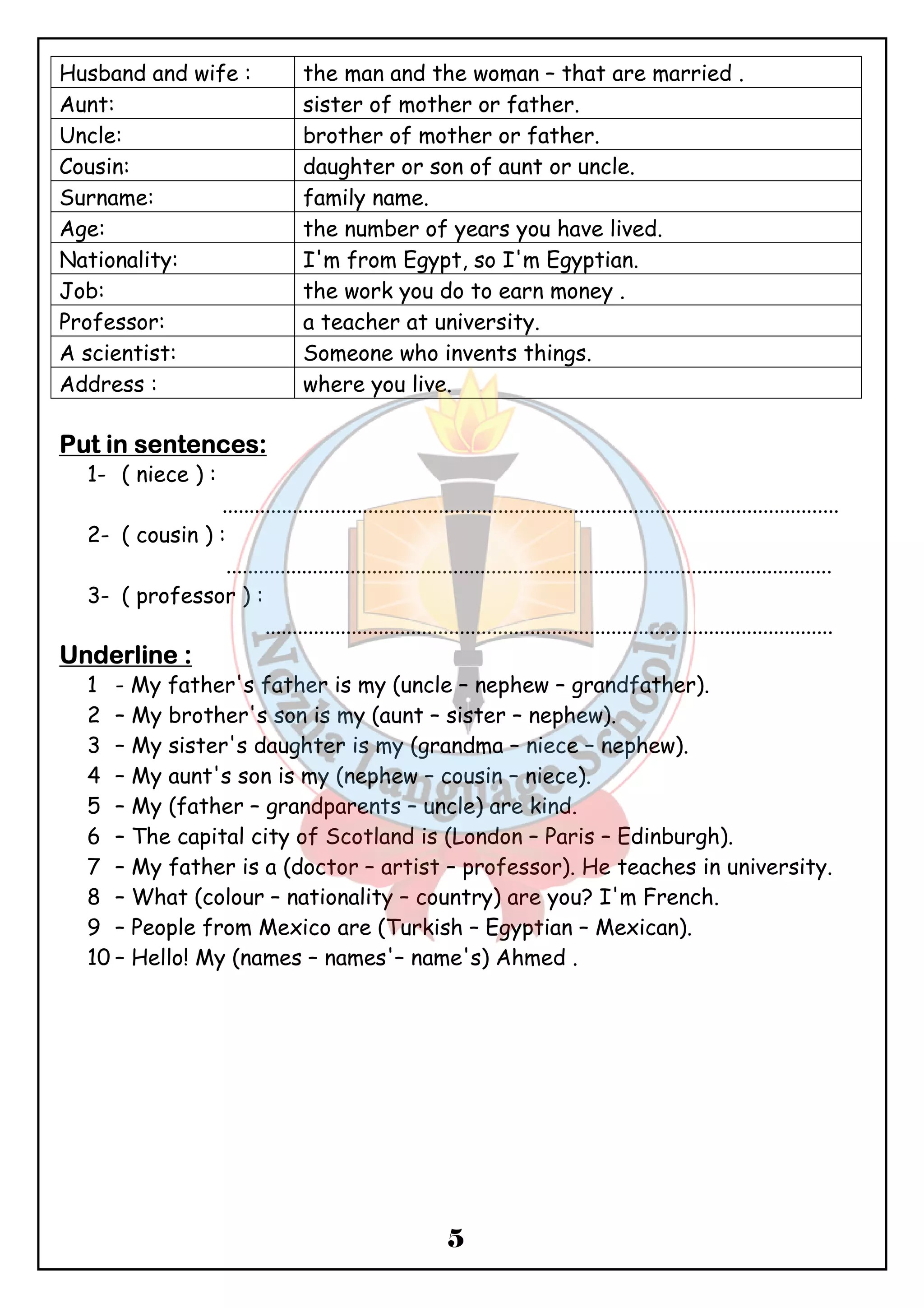Husband and wife : the man and the woman – that are married . 
Aunt: sister of mother or father. 
Uncle: brother of mother or father. 
Cousin: daughter or son of aunt or uncle. 
Surname: family name. 
Age: the number of years you have lived. 
Nationality: I'm from Egypt, so I'm Egyptian. 
Job: the work you do to earn money . 
Professor: a teacher at university. 
A scientist: Someone who invents things. 
Address : where you live. 
5 
PPPPuuuutttt iiiinnnn sssseeeennnntttteeeennnncccceeeessss:::: 
1- ( niece ) : 
.................................................................................................................. 
2- ( cousin ) : 
................................................................................................................ 
3- ( professor ) : 
......................................................................................................... 
UUUUnnnnddddeeeerrrrlllliiiinnnneeee :::: 
1 - My father's father is my (uncle – nephew – grandfather). 
2 – My brother's son is my (aunt – sister – nephew). 
3 – My sister's daughter is my (grandma – niece – nephew). 
4 – My aunt's son is my (nephew – cousin – niece). 
5 – My (father – grandparents – uncle) are kind. 
6 – The capital city of Scotland is (London – Paris – Edinburgh). 
7 – My father is a (doctor – artist – professor). He teaches in university. 
8 – What (colour – nationality – country) are you? I'm French. 
9 – People from Mexico are (Turkish – Egyptian – Mexican). 
10 – Hello! My (names – names'– name's) Ahmed . 
 