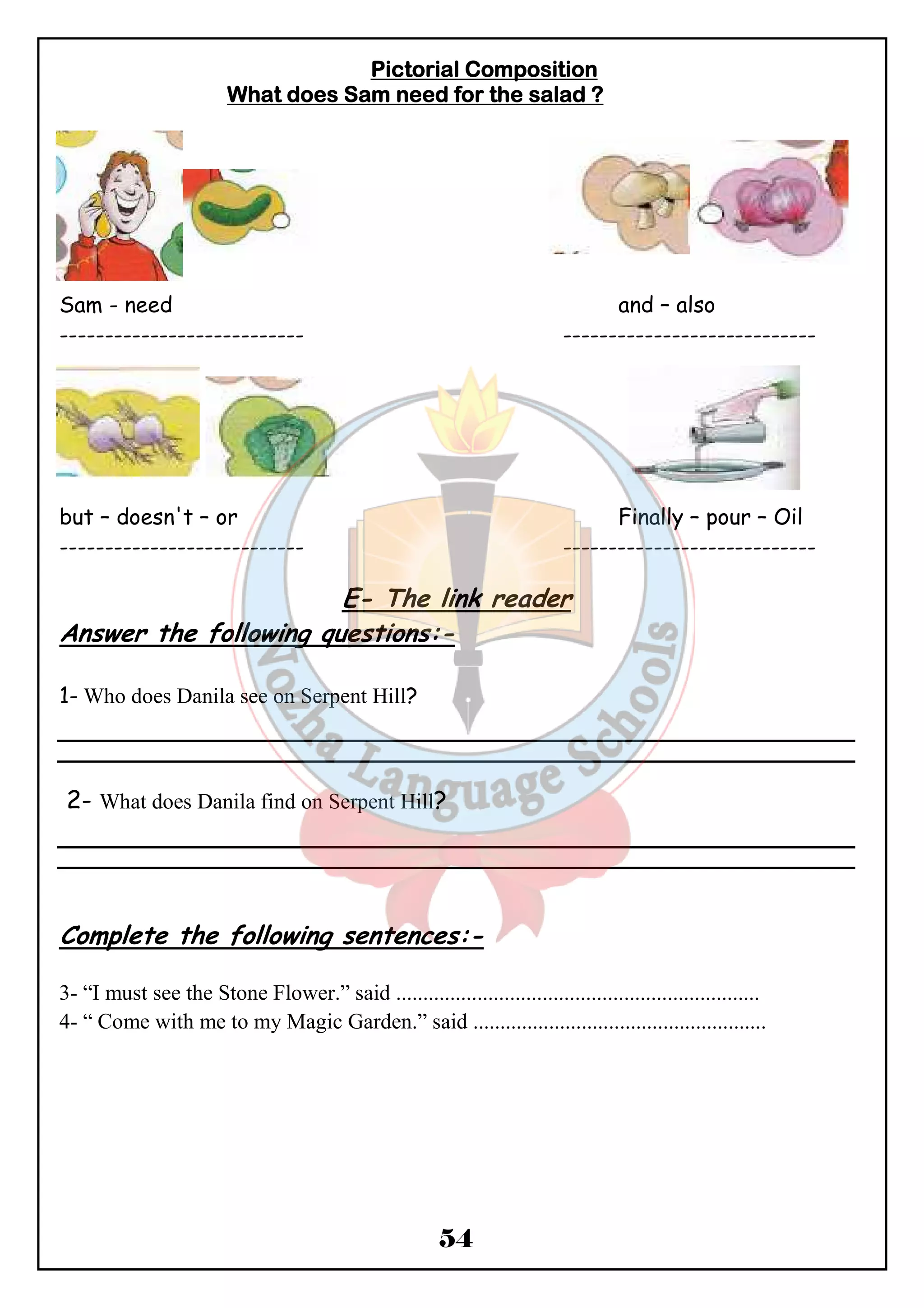 PPPPiiiiccccttttoooorrrriiiiaaaallll CCCCoooommmmppppoooossssiiiittttiiiioooonnnn 
WWWWhhhhaaaatttt ddddooooeeeessss SSSSaaaammmm nnnneeeeeeeedddd ffffoooorrrr tttthhhheeee ssssaaaallllaaaadddd ???? 
Sam - need and – also 
--------------------------- ---------------------------- 
but – doesn't – or Finally – pour – Oil 
--------------------------- ---------------------------- 
E- The link reader 
Answer the following questions:- 
54 
1- Who does Danila see on Serpent Hill? 
2- What does Danila find on Serpent Hill? 
Complete the following sentences:- 
3- “I must see the Stone Flower.” said ................................................................... 
4- “ Come with me to my Magic Garden.” said ...................................................... 
 